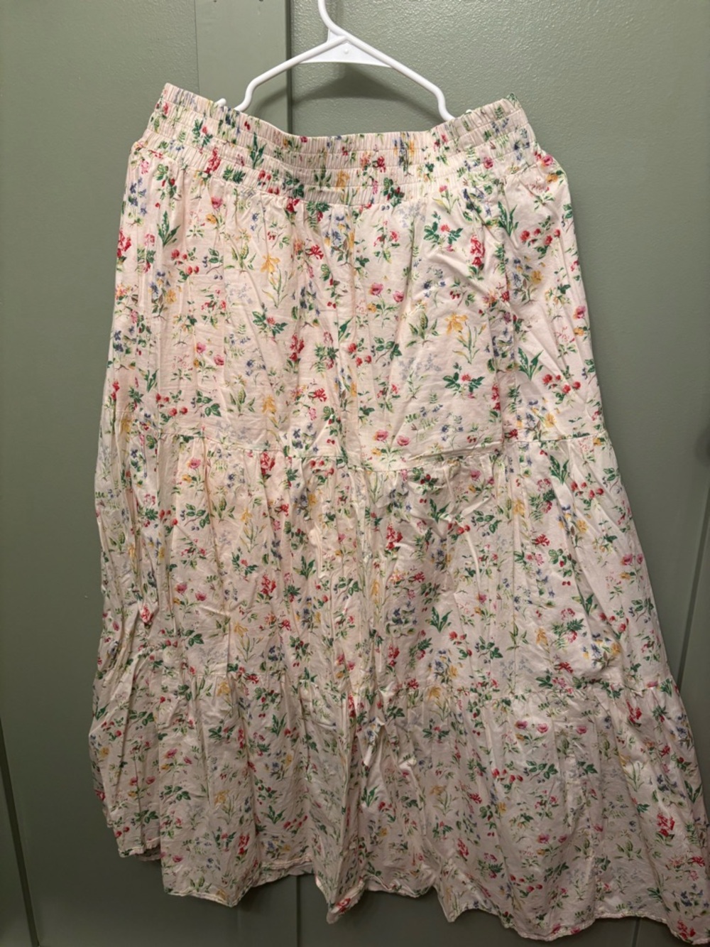 Cream Floral Tiered Maxi Skirt with Elastic Waist